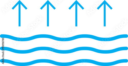 Water evaporation and liquid surface icon. Vector graphic symbol showing rising vapor from wavy water lines, ideal for environmental science, meteorology, and water cycle illustration.