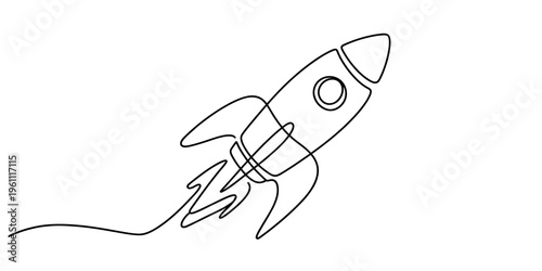 Continuous line drawing of a rocket ship blasting off into space on a white background. Vector, illustration