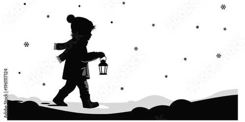 Child walking in snow, winter lantern light, peaceful landscape, seasonal exploration, solitude moment, festive atmosphere, silhouette art, flat vector illustration