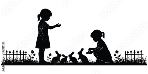 Children feeding rabbits, peaceful garden scene, outdoor nature bonding, innocence and care, playful interaction, silhouette art, nurturing moment, flat vector illustration