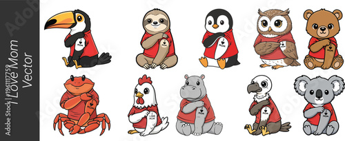 Cute Animals I Love Mom Vector Set, Cartoon Animal Mothers Day Characters, Baby Animals Wearing I Love Mom Shirt, Mothers Day Animal Collection, Cute Kids Illustration