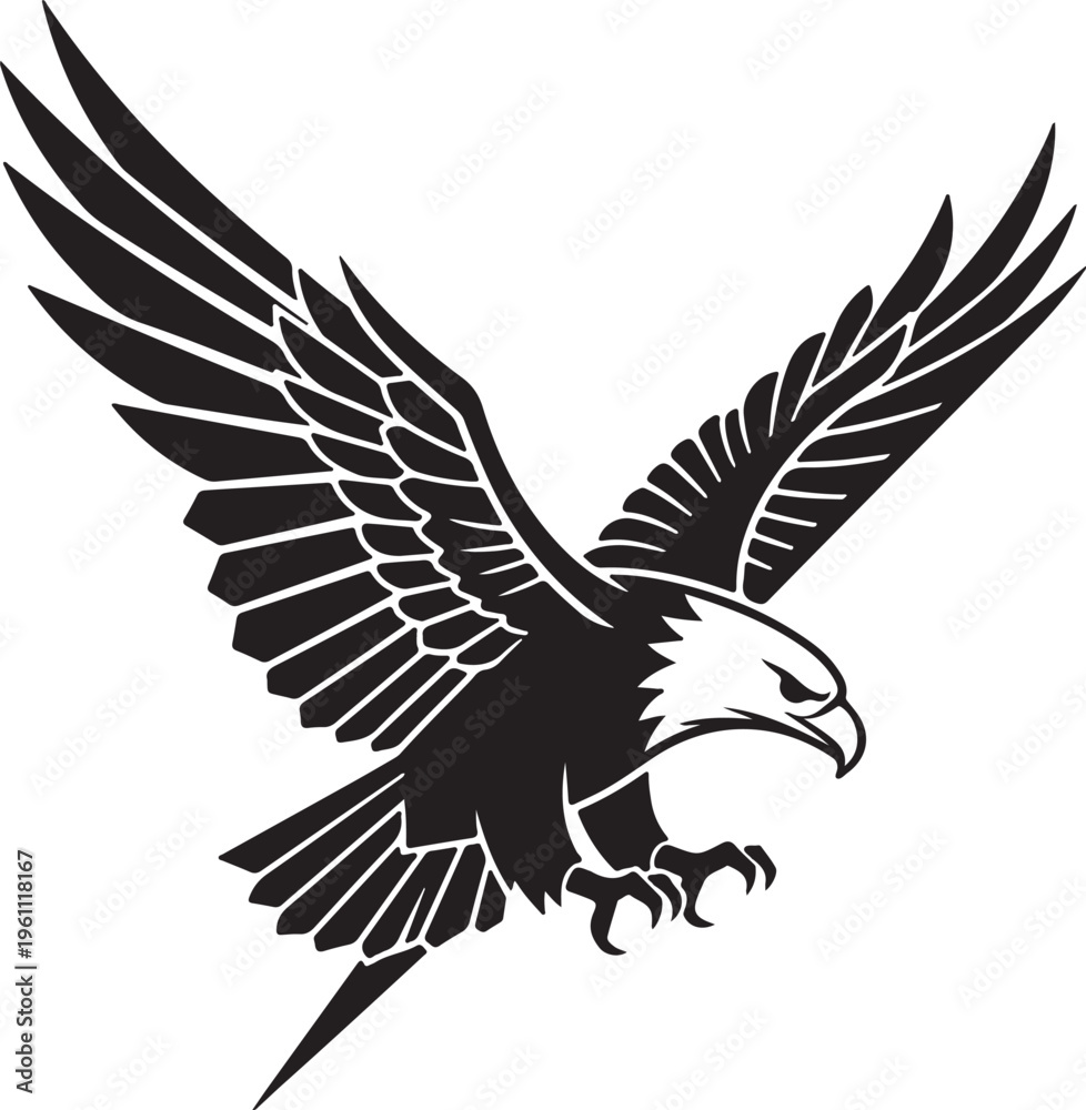 Fototapeta premium Dynamic black and white vector silhouette icon of an eagle in powerful flight with outstretched wings and sharp talons.