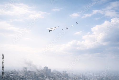 White Paper Plane Flying Over Destroyed City Skyline with Birds Under a Clear Blue Sky Symbolizing Peace