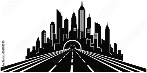 Modern city skyline silhouette, urban skyscraper architecture, road leading perspective, tunnel depth design, metropolitan development, transportation infrastructure, flat vector illustration