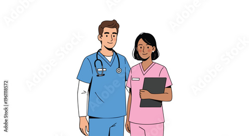 Flat 2D cartoon illustration of a male and female healthcare professional standing together, with the woman holding a clipboard, against a clean white background.