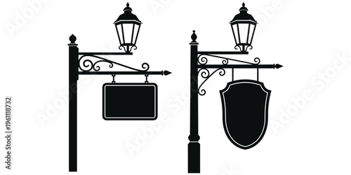 Vintage street lamp posts, ornate bracket design, hanging shop signs, classic lantern style, decorative scrollwork silhouette, historical architecture, flat vector illustration
