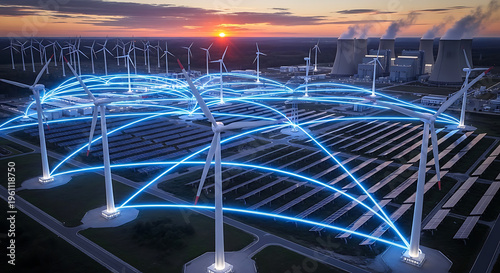 Digital blueprint of a glowing blue smart grid network connecting wind turbines solar panels and industrial power plants for sustainable renewable electrical infrastructure distribution