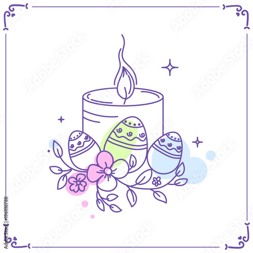 Easter candle with decorated eggs floral elements pastel accents minimal line art illustration, spring holiday design for greeting cards invitations social media posts banners prints packaging.Vector