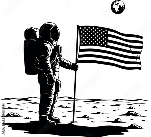 Astronaut holding American flag on moon surface illustration