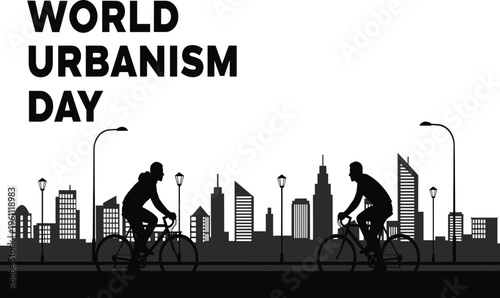 Black silhouettes of two cyclists riding on urban road with city skyline and street lamps on white background Urbanism Day