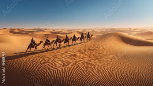 Camel caravans traverse the vast expanse of the Sahara dunes, a panorama of the desert stretching with undulating sand patterns.