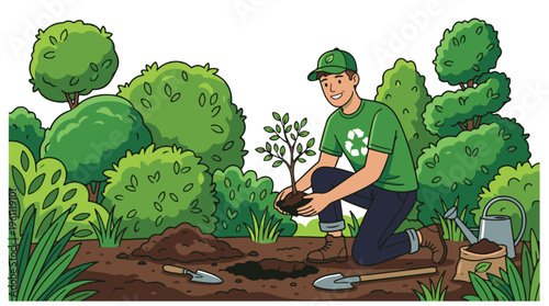Man Planting a Young Tree in a Garden for Environmental Sustainability