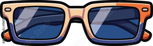 Modern square sunglasses feature contrasting blue and orange frame sections with dark reflective lenses isolated on white.