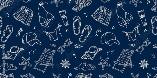 Summer beach seamless pattern with hand drawn swimwear flip flops sunglasses hat starfish line art. vacation theme design for textiles packaging wrapping paper web backgrounds branding.Vector