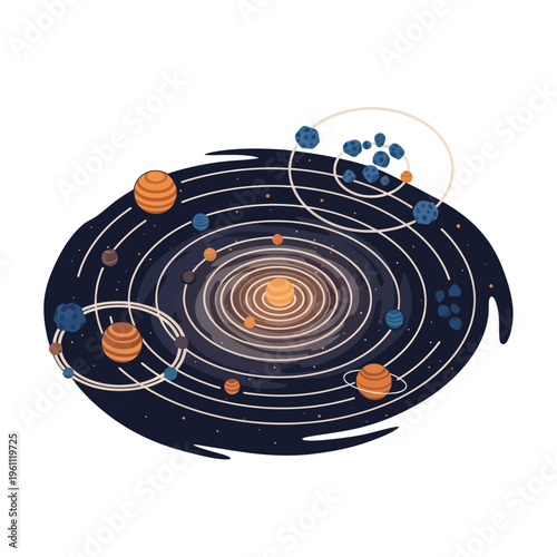 Illustration of a spiral galaxy with planets and celestial bodies.
