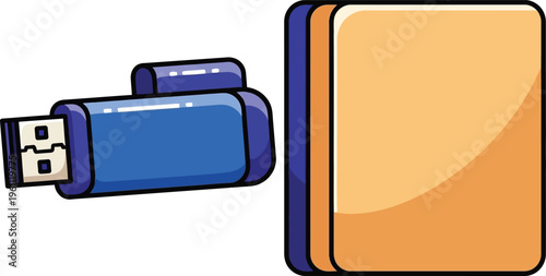 A blue USB flash drive and a blank orange data card are displayed together against a white background for technology concepts.