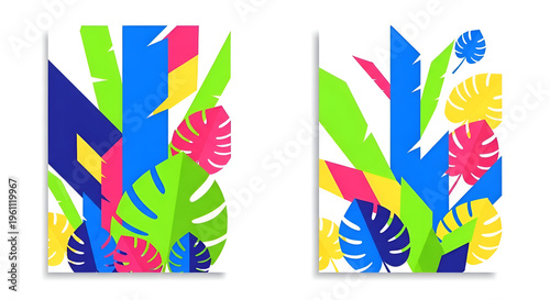 Colorful tropical leaf posters, abstract summer botanical wall art set, vibrant monstera foliage prints for modern home decor