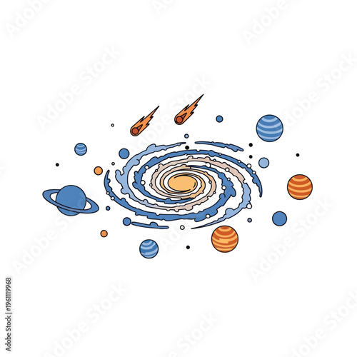 Colorful Galaxy Illustration with Planets and Meteors in Space.