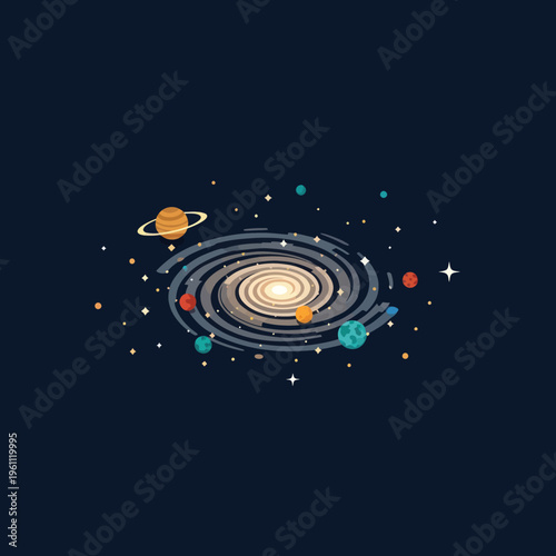 Cartoon Galaxy with Planets and Stars in a Dark Blue Space.