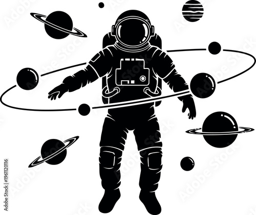 Astronaut Floating Among Planets and Space Elements Illustration
