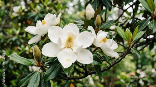Closeup Blooming White Flowers Green Branch