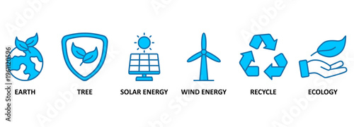 Environment banner web icon vector illustration concept with icon of earth, tree, solar energy, wind energy, recycle, ecology