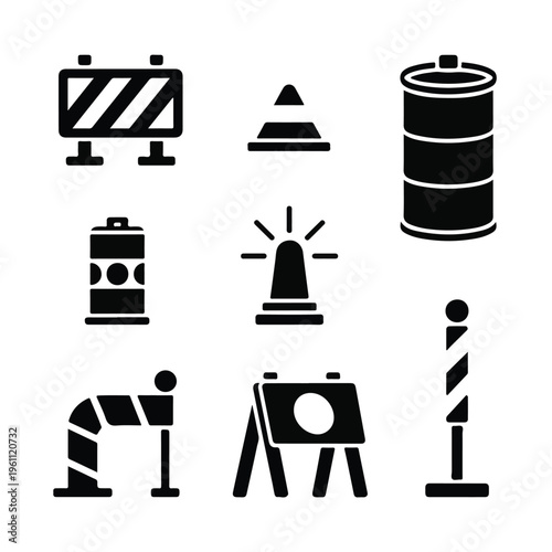 Road Construction Safety Pictogram Icon Set (Black Silhouette, White Background)