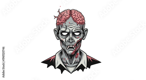 Detailed zombie character illustration with exposed brain and stitched skin serves as a spooky horror-themed visual element.