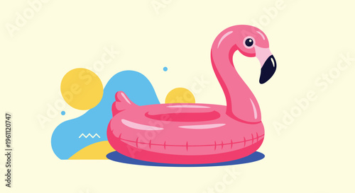 Pink flamingo pool floatie positioned against a colorful background with abstract shapes represents fun summer leisure activities.