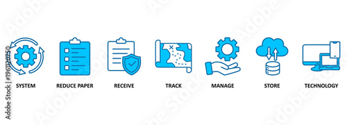 Document management banner web icon vector illustration concept with icon of system, reduce paper, receive, track, manage, store, cloud and technology 