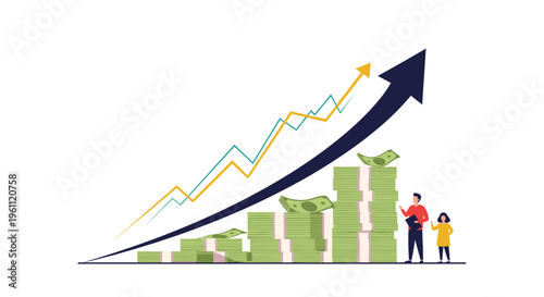 Rising arrow over bar charts and stacks of cash showing a father and daughter represents future financial planning and savings.