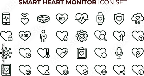 Smart heart monitor outline icon set with wearable healthcare tracking symbols for mobile apps dashboards fitness wellness interfaces