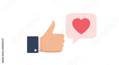 Hand giving a thumbs up next to a heart speech bubble illustrates social media likes and positive user engagement.