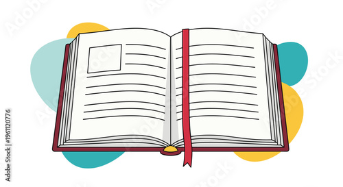 Open book with a red bookmark and blank pages is shown against a colorful background to represent reading and education.