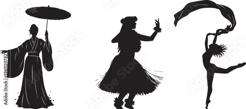 Elegant woman in traditional Asian dress holding an umbrella