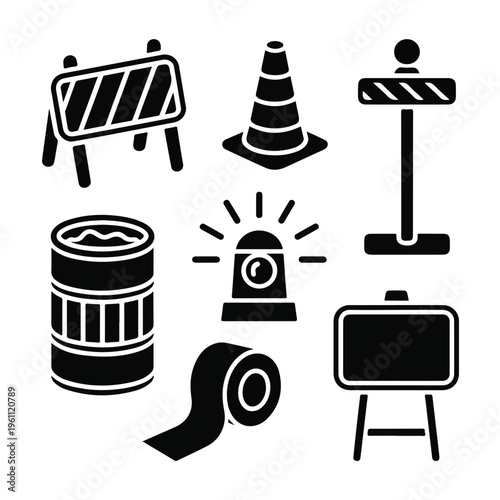 Road Construction Safety Pictogram Icon Set (Black Silhouette, White Background)
