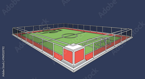 Elevated isometric view of a soccer field enclosed by a fence shows a modern sports facility on a dark blue background.