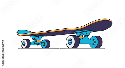 Colorful illustration of a classic skateboard with blue trucks and purple wheels isolated on a plain white background for sports design.