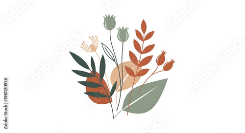 Boho floral bouquet illustration, minimalist botanical branch and leaf arrangement, earthy terracotta and sage green wildflower clip art