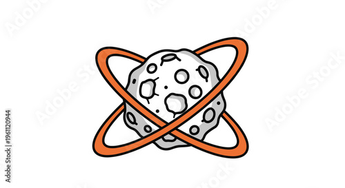 Grey asteroid or moon with craters surrounded by two orange orbital rings representing a celestial object in outer space illustration.