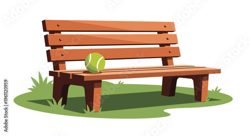 Bright green tennis ball resting on a wooden park bench situated on a green grassy area isolated against a white background.