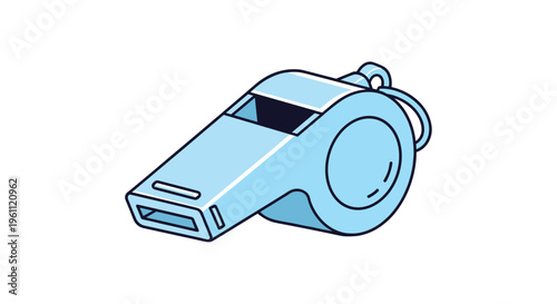 Blue plastic sports whistle with a metal ring for a lanyard isolated on white background representing refereeing and coaching equipment.
