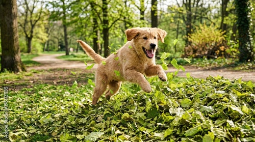 Playful Dog Jumping Over Leaves