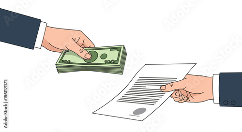 Hands of two people in suits exchanging a large stack of hundred dollar bills for a signed legal document or contract.