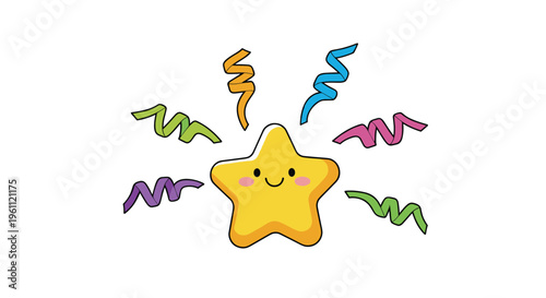 Happy yellow star character with a friendly smile pink cheeks and colorful swirling confetti ribbons isolated on white background.