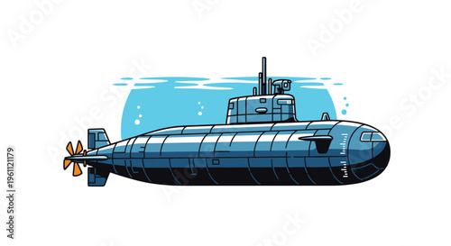 Large blue submarine vessel traveling through the ocean water with bubbles and light rays coming from the surface above.