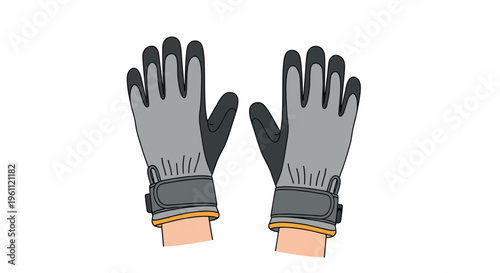 Pair of durable grey and black work gloves on hands with orange trim and velcro straps isolated on a white background for safety.