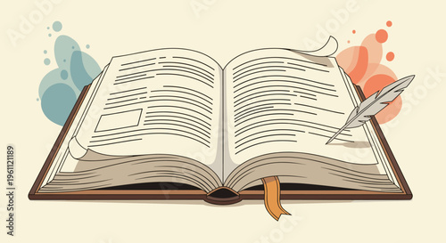 Beautifully detailed open book with aged pages and a grey quill feather pen resting on the right page against artistic splashes.