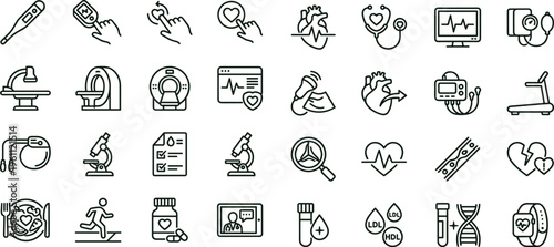 Medical diagnostics healthcare outline icon set with cardiology laboratory monitoring equipment symbols for apps interfaces presentations dashboards education and websites