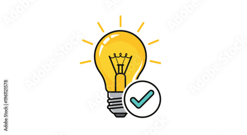 Bright yellow light bulb icon with a teal checkmark symbol representing a successful idea or a correct solution.